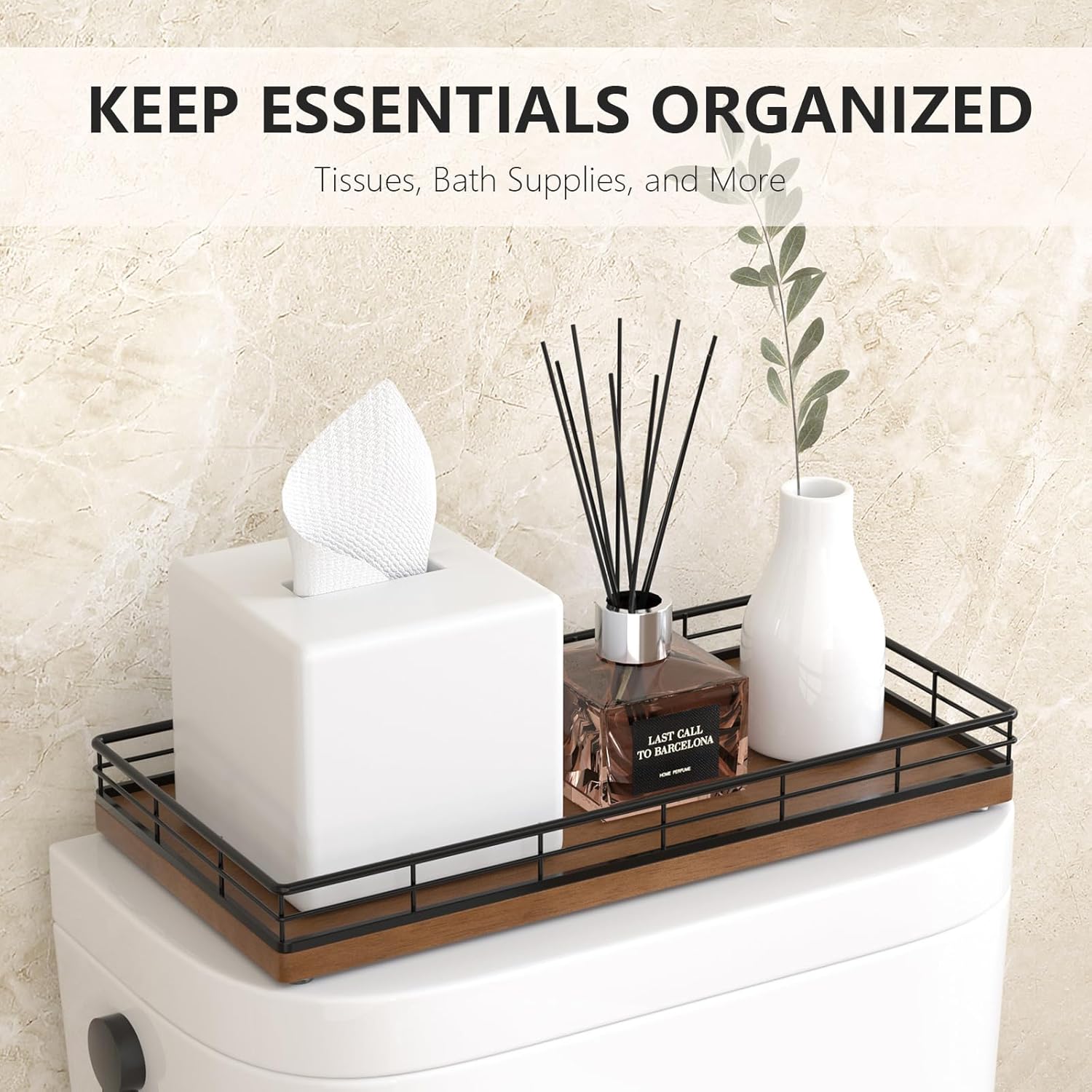 Toilet Paper Basket Organizer – Oak Wood Toilet Tank Tray with Metal Frame, Back of Tank or Top Bathroom Counter Storage – Black & Brown Modern Decor