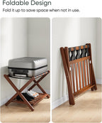 Smart FENDEE Fully Assembled Bamboo Luggage Rack, Walnut Folding Suitcase Stand with Shoe Shelf, Heavy-Duty Luggage Holder for Guest Room Must Haves, Bedroom, Hotel, 1 Pack