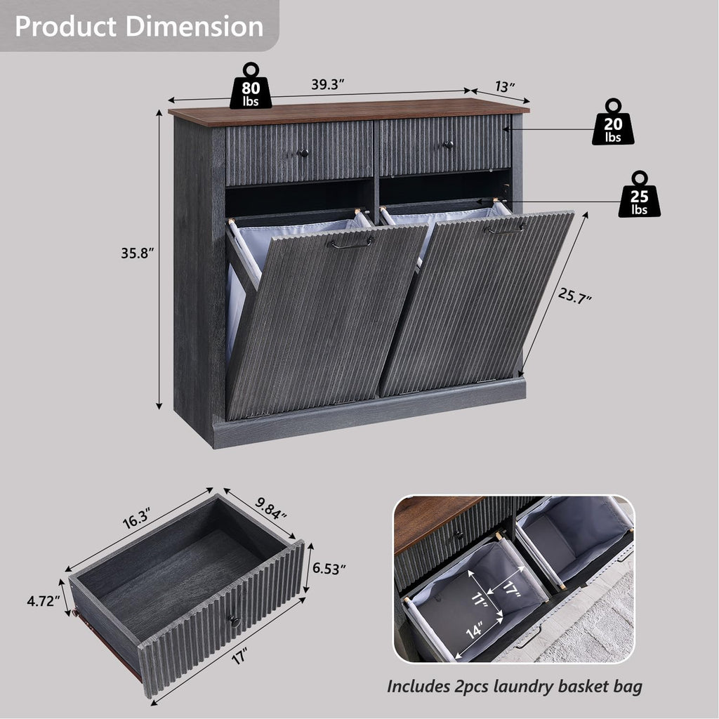 Modern Double Tilt-Out Laundry Hamper Cabinet, 20 Gallon Fluted Trash Can Cabinet w/2 Drawers, Wooden Hidden Garbage Can Cabinets w/Laundry Basket, Free Standing for Bathroom and Kitchen, Grey