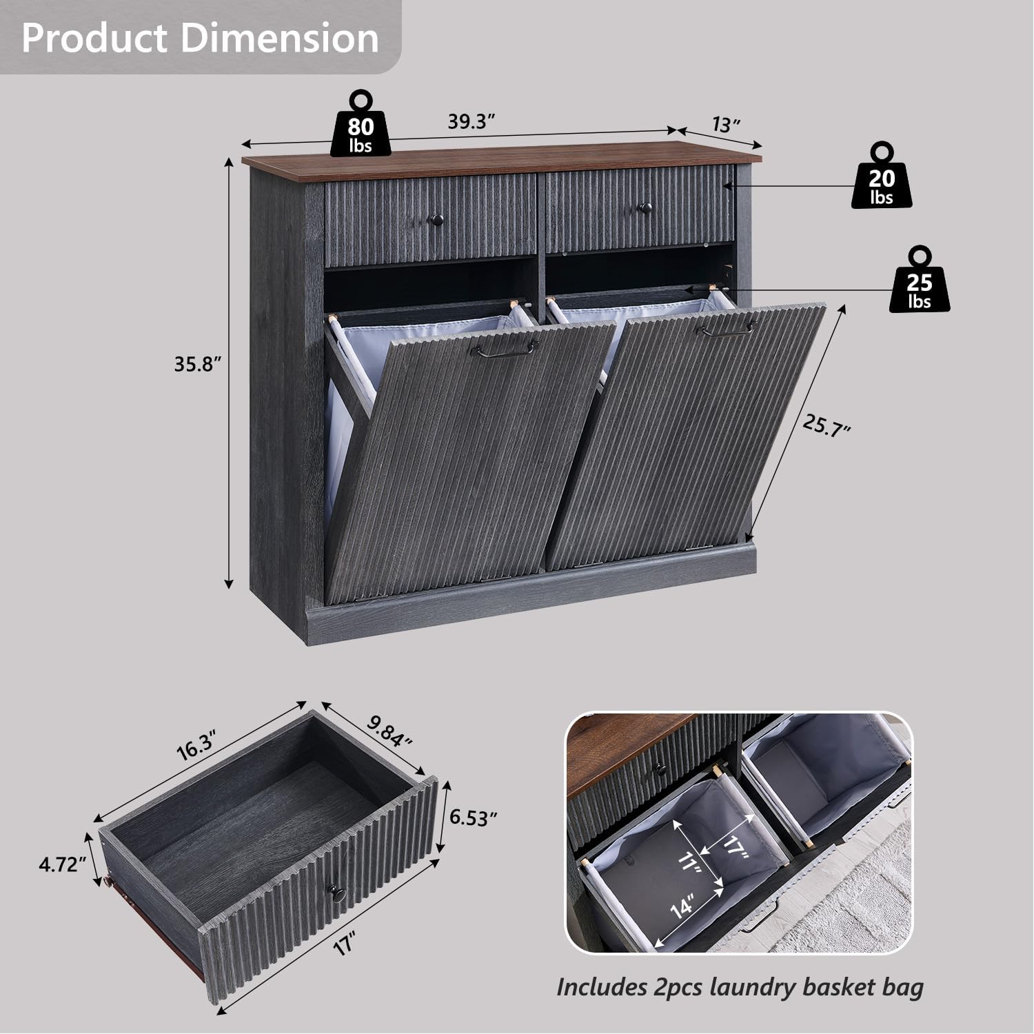Modern Double Tilt-Out Laundry Hamper Cabinet, 20 Gallon Fluted Trash Can Cabinet w/2 Drawers, Wooden Hidden Garbage Can Cabinets w/Laundry Basket, Free Standing for Bathroom and Kitchen, Grey