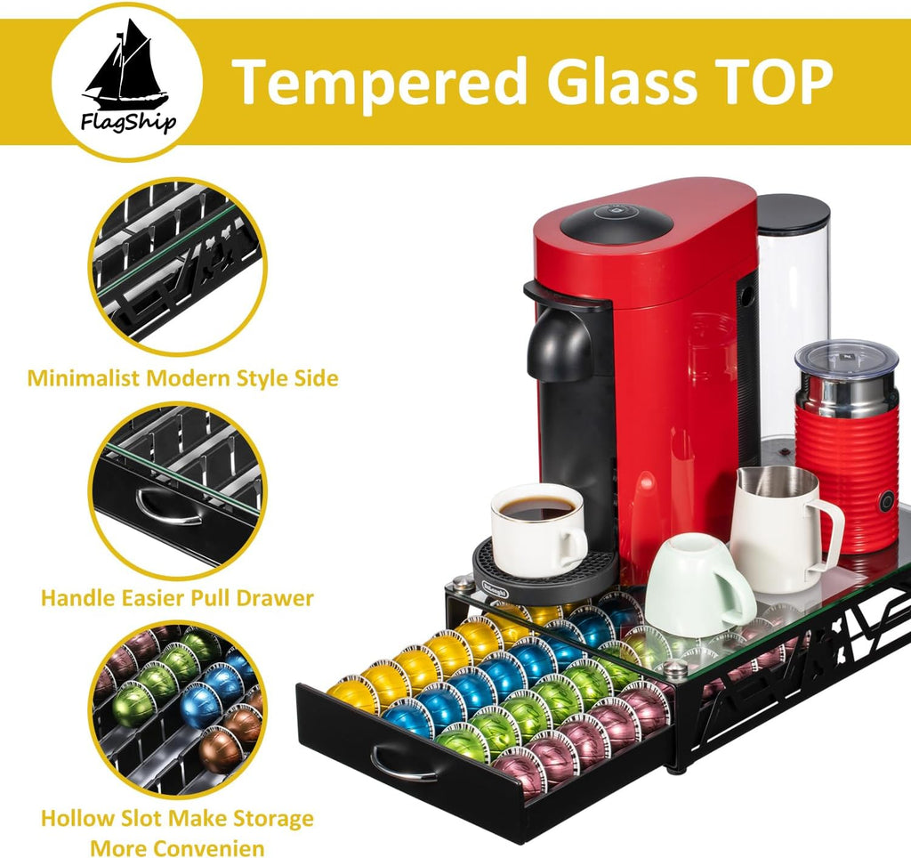 FlagShip Vertuo Pod Holder- Modern Glass Top Coffee Capsule Organizer & Space-Saving Pod Storage for Coffee Machines, Generous 40 Vertuo Pods Capacity
