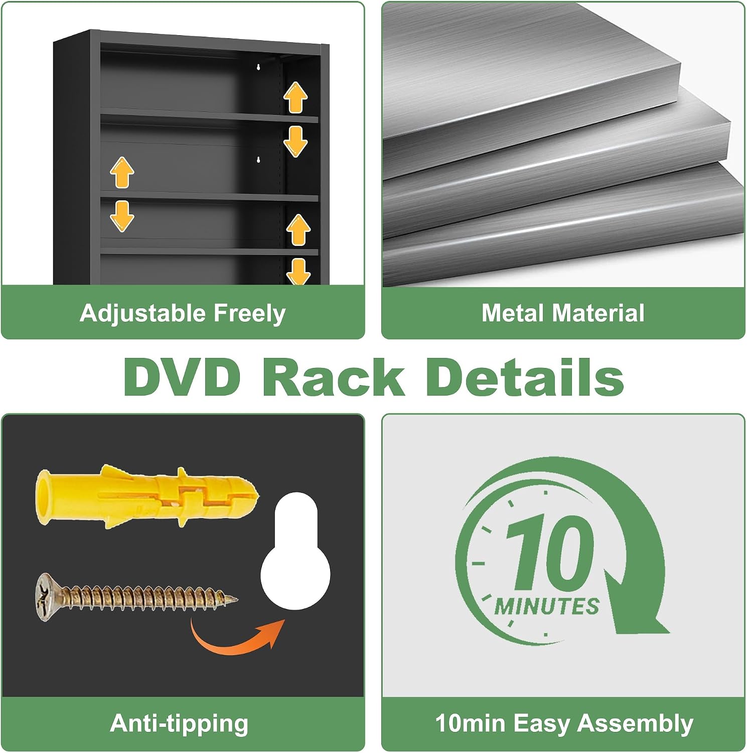 Metal CD Storage Shelf, 7 Tier Tall DVD Storage Cabinet with Adjustable Shelves, Freestanding Rack for Media, Video, Games, Black Bookshelf for Living Room, Media Room