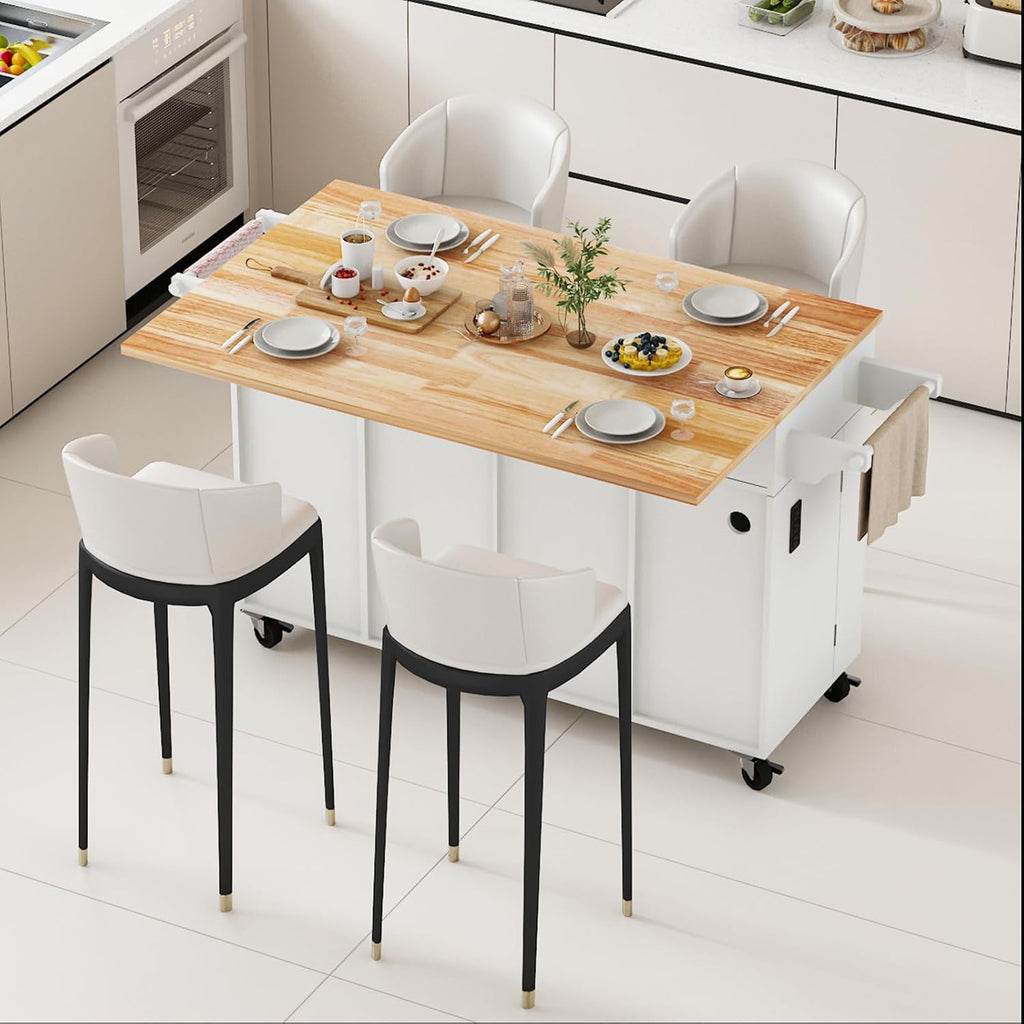 JassmiPkwy 59’’ Rolling Kitchen Island Cart with Drop Leaf and Power Outlet, Movable Kitchen Islands with 3-Tier Door Storage Shelf, Island Table on Wheels, 2 Large Drawers, Towel Racks, White