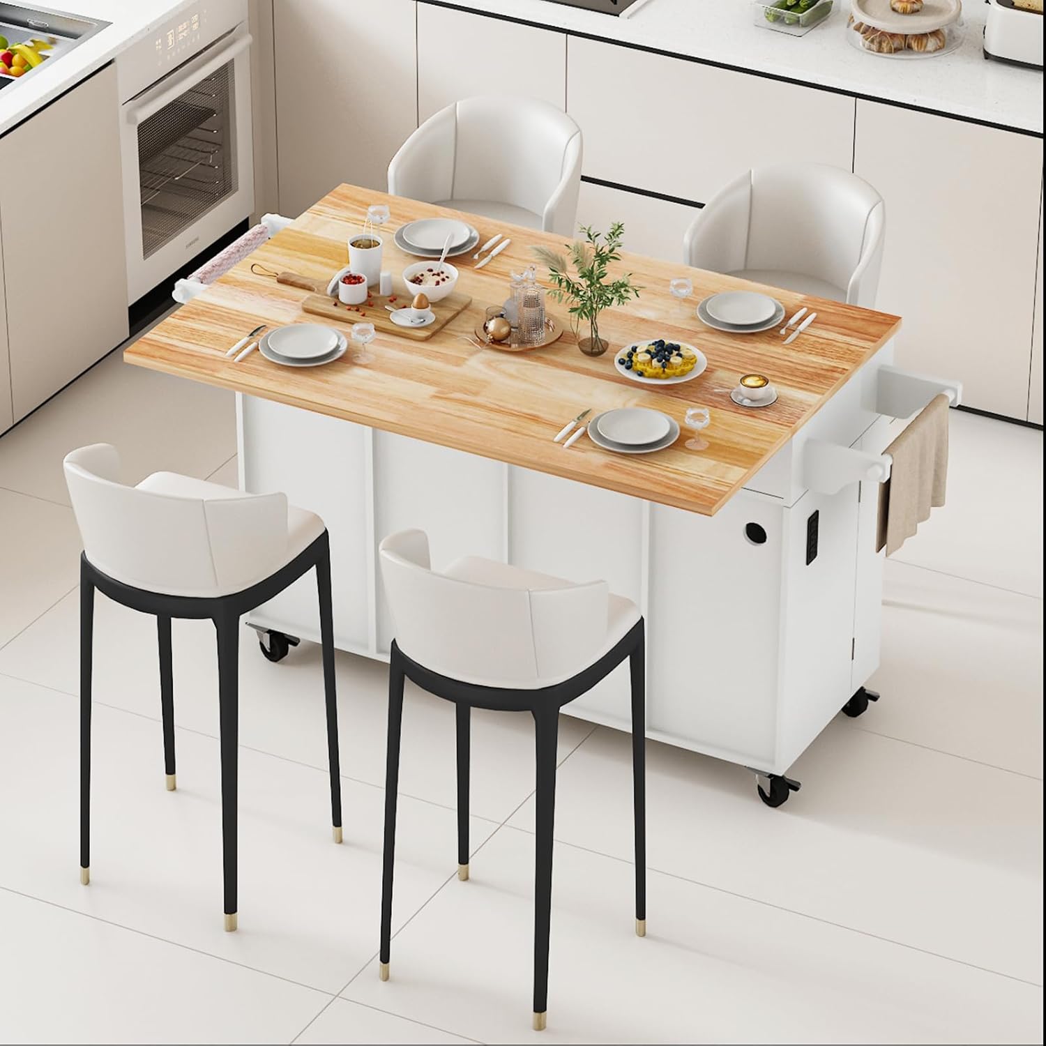 JassmiPkwy 59’’ Rolling Kitchen Island Cart with Drop Leaf and Power Outlet, Movable Kitchen Islands with 3-Tier Door Storage Shelf, Island Table on Wheels, 2 Large Drawers, Towel Racks, White