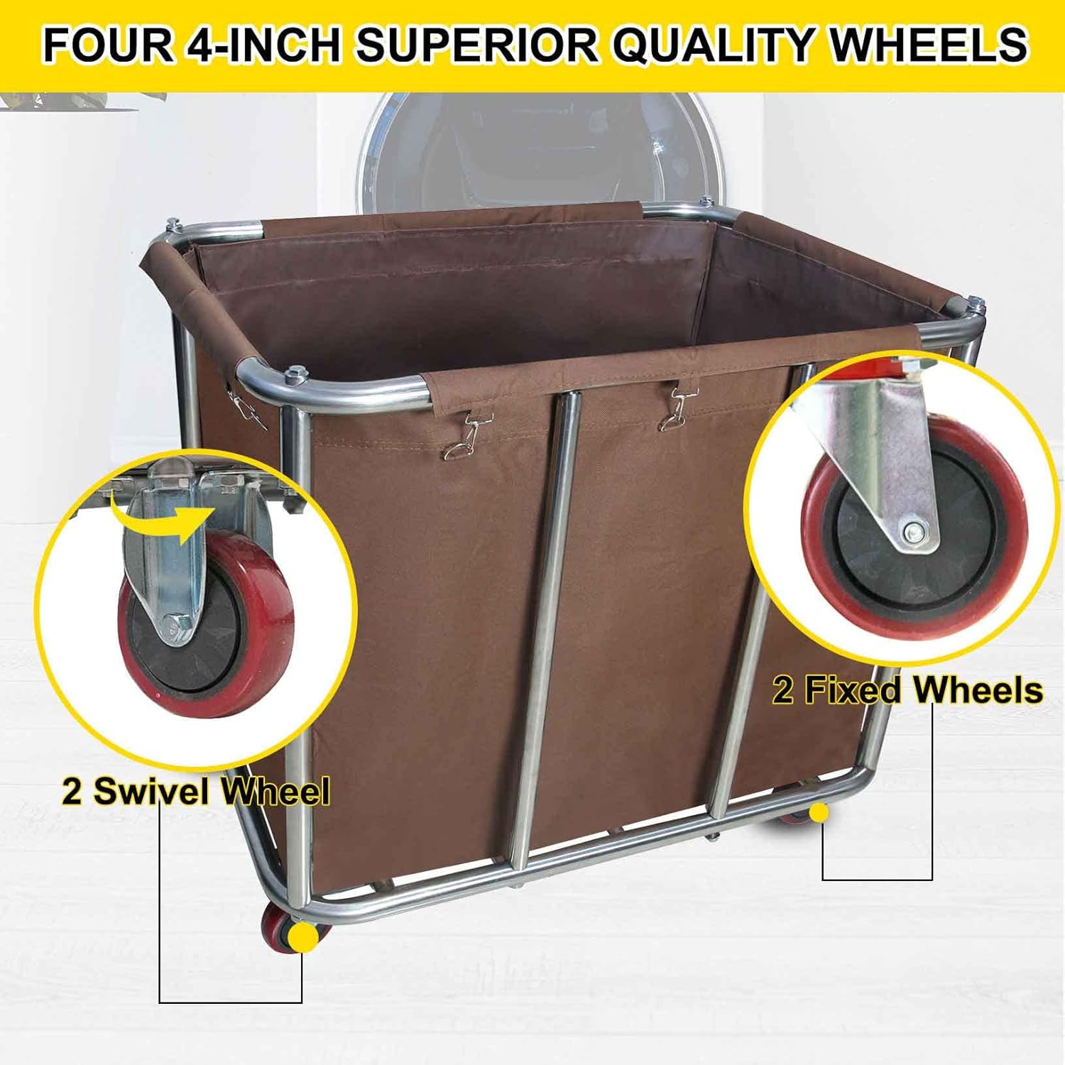 Commercial Laundry Cart with Wheels, Large Industrial Rolling Laundry Basket,Stainless Steel Heavy Duty Commercial Laundry Hamper with Waterproof Lning,Utility Cart, 260 LBS Load,11.35 Bushel