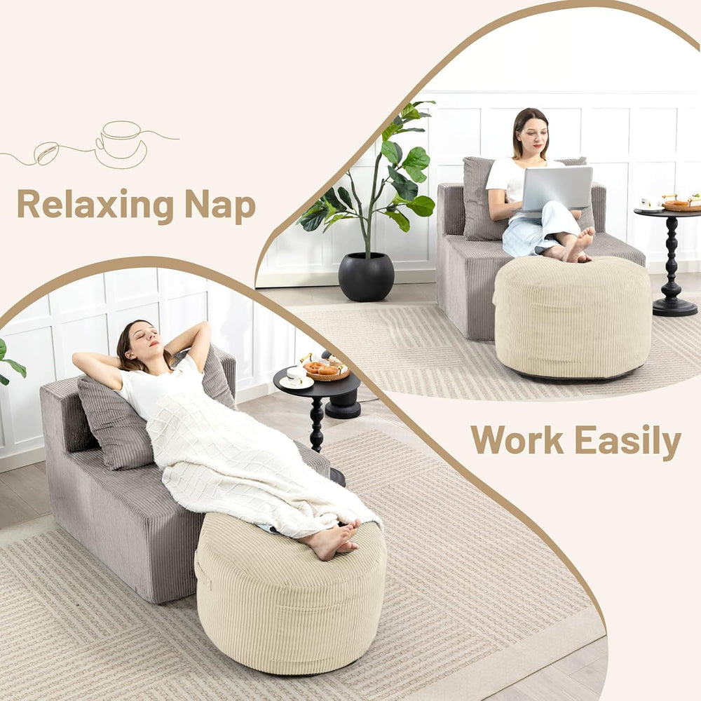 Round Stuffed Pouf Ottoman (Beige, 20" D x 20" W x 15" H)