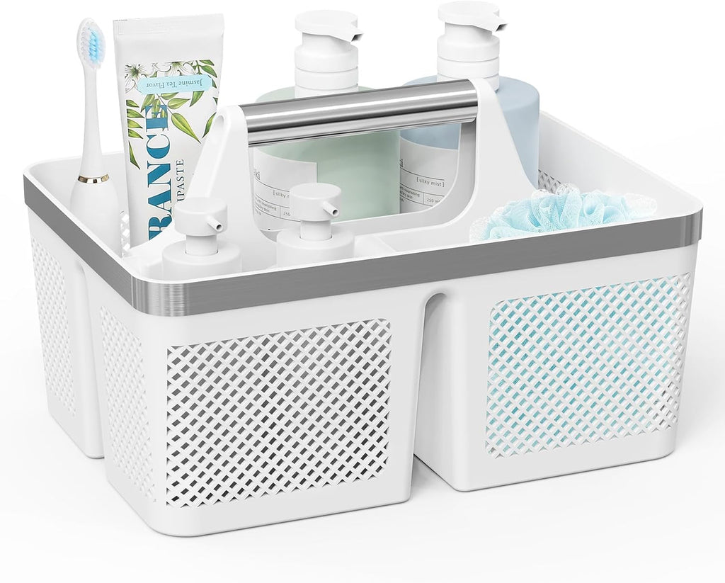 Plastic Shower Caddy Dorm: Portable Bathroom Caddy Organizer with Handle and Holes, Cleaning Basket, Hard Shower Basket Storage Tote for Toiletry, College Dorm Room Essentials White/Silver