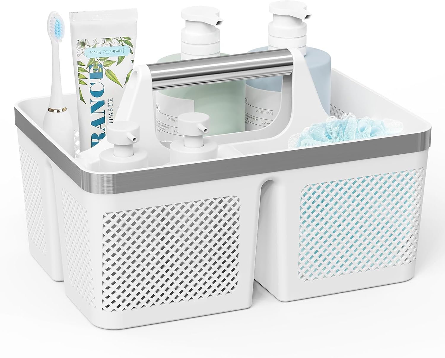 Plastic Shower Caddy Dorm: Portable Bathroom Caddy Organizer with Handle and Holes, Cleaning Basket, Hard Shower Basket Storage Tote for Toiletry, College Dorm Room Essentials White/Silver