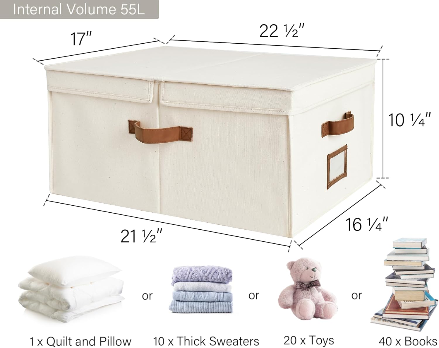 StorageWorks Extra Large Storage Bins with Double-Open Lid, 55L Fabric Baskets with Divider Board, Boxes for Clothes, Linen Closet Organizers with Handles, Ivory White, 2-Pack