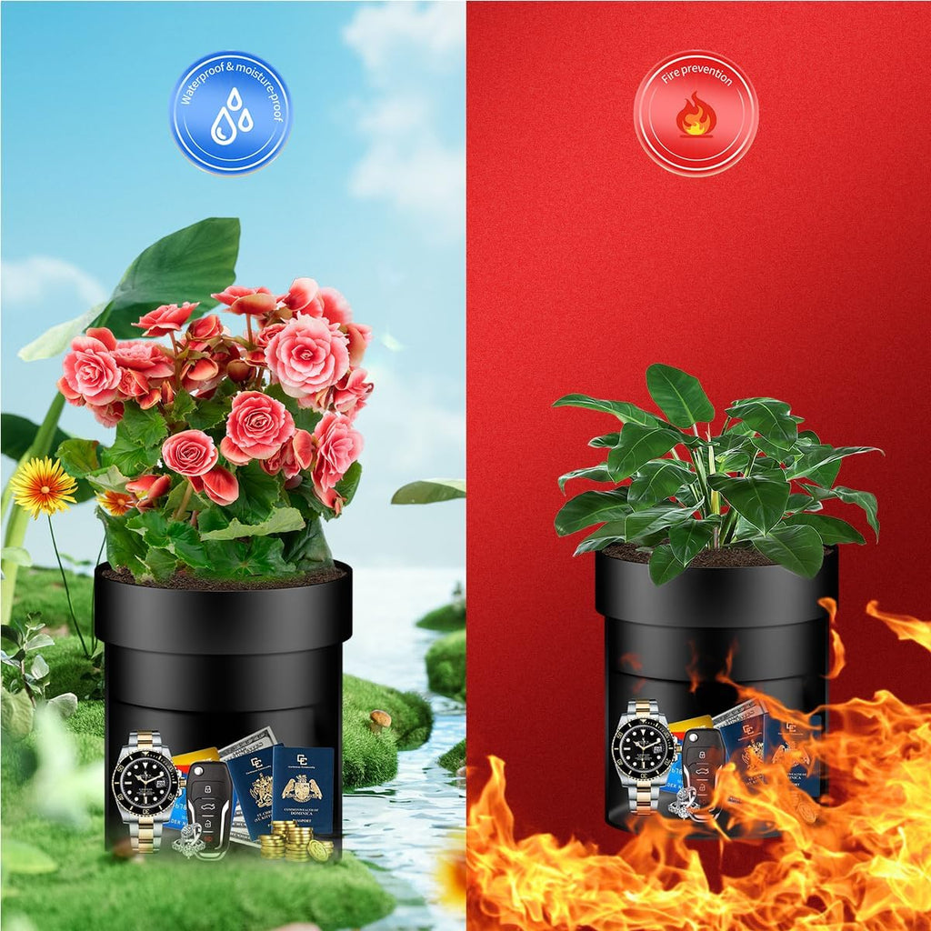 Sdstone Fireresistant Waterproof Flower Pot Diversion Safe with Key Lock,Stainless Steel Secret Hidden Safe,Perfect for Hiding The Valuables Inside (Black) Plants Not Include