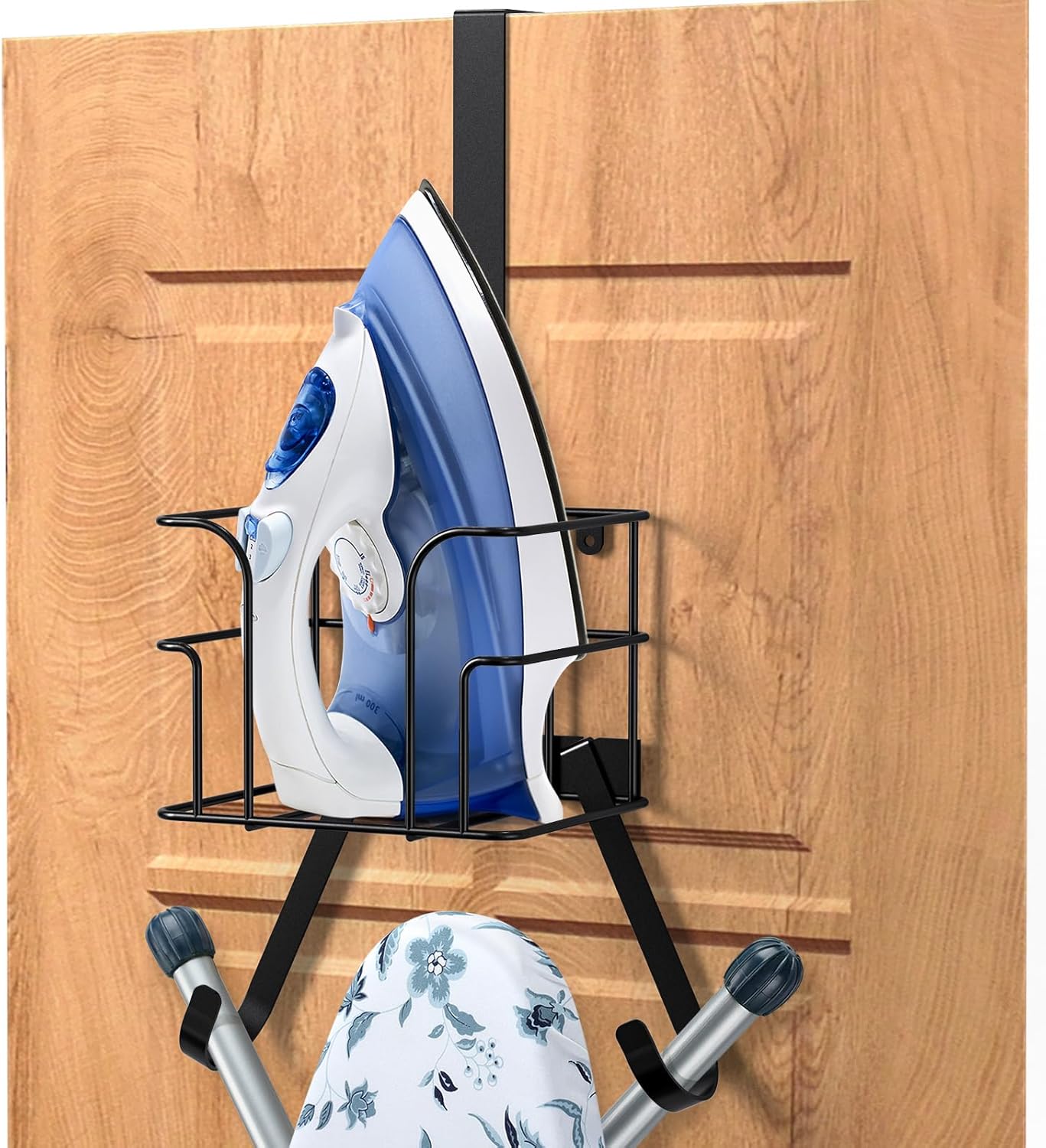 ORLESS Over The Door/Wall Mount Ironing Board Hanger, Laundry Room Iron and Ironing Board Caddy Storage Holder, Black