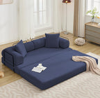 Convertible Folding Sofa Bed, Modular Floor Sofa with Removable Backrest, 3-Seater Fold Out Couch Bed with Pillows, King Size Futon Lazy Couch Corduroy Sleeper for Living Room, Dorm, Dark Blue