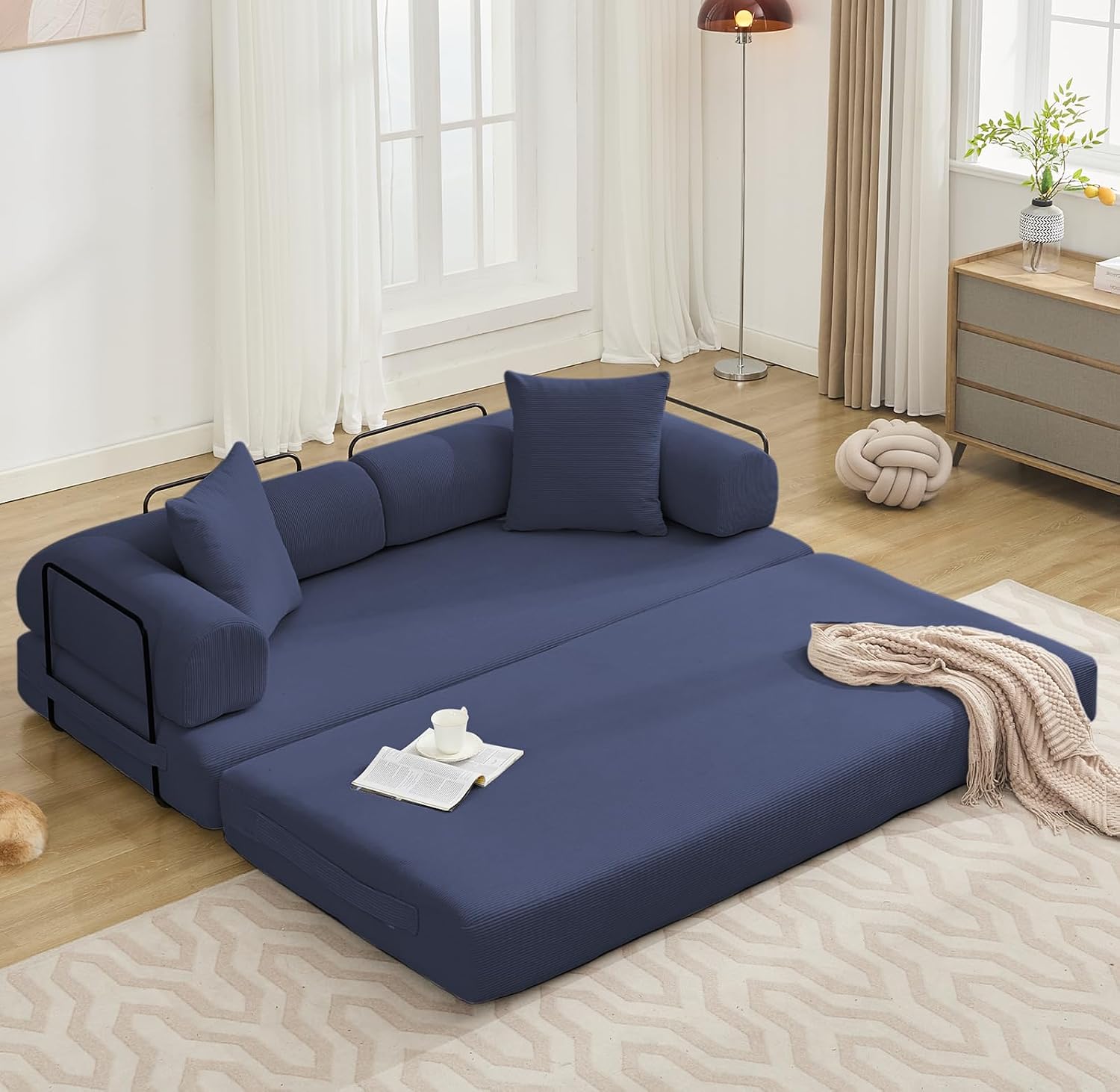 Convertible Folding Sofa Bed, Modular Floor Sofa with Removable Backrest, 3-Seater Fold Out Couch Bed with Pillows, King Size Futon Lazy Couch Corduroy Sleeper for Living Room, Dorm, Dark Blue