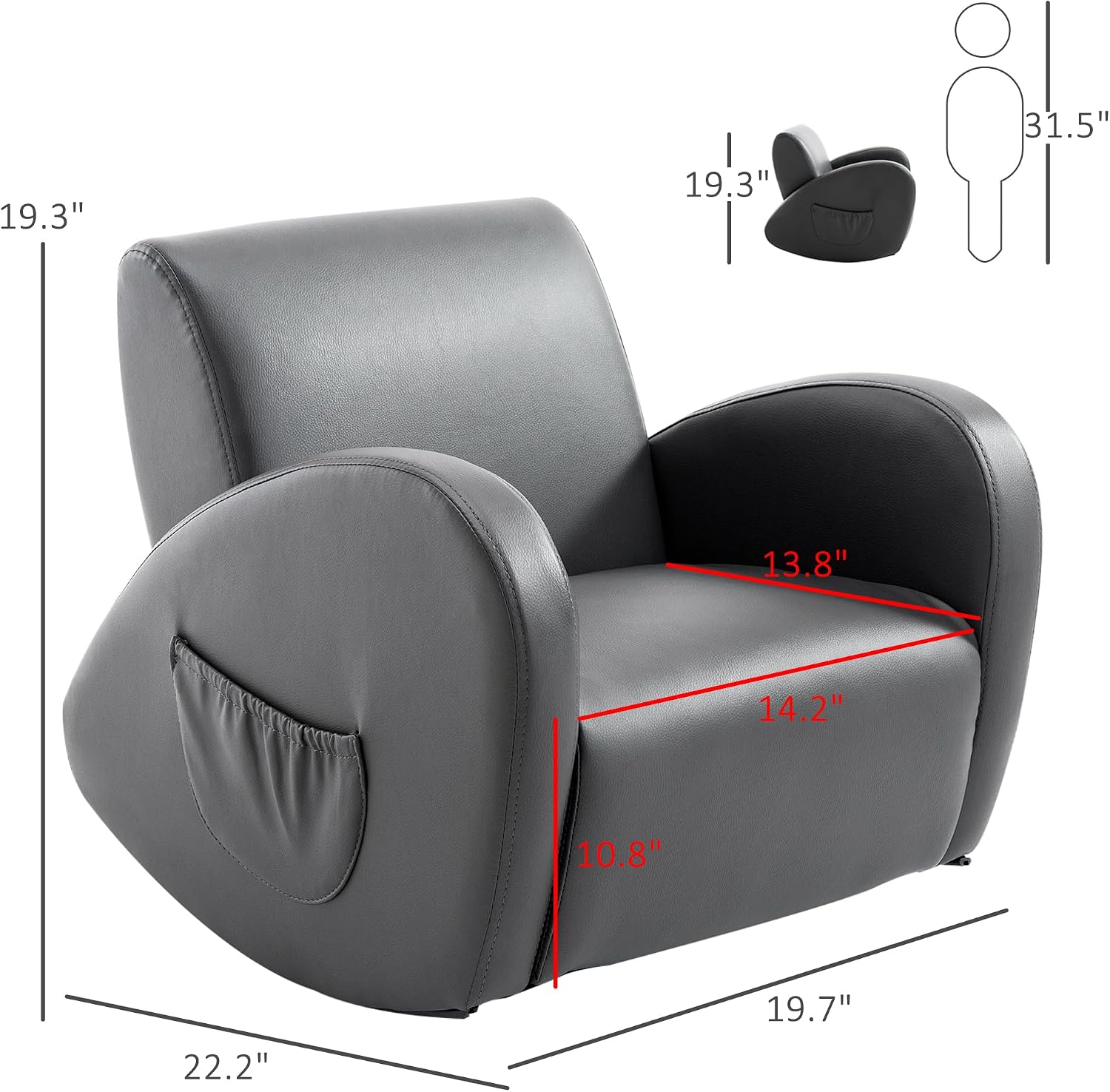 Qaba Kids Sofa Rocking Chair with Side Pocket Toddler Chair Grey | Toddler Armchair, PU Leather, For Children