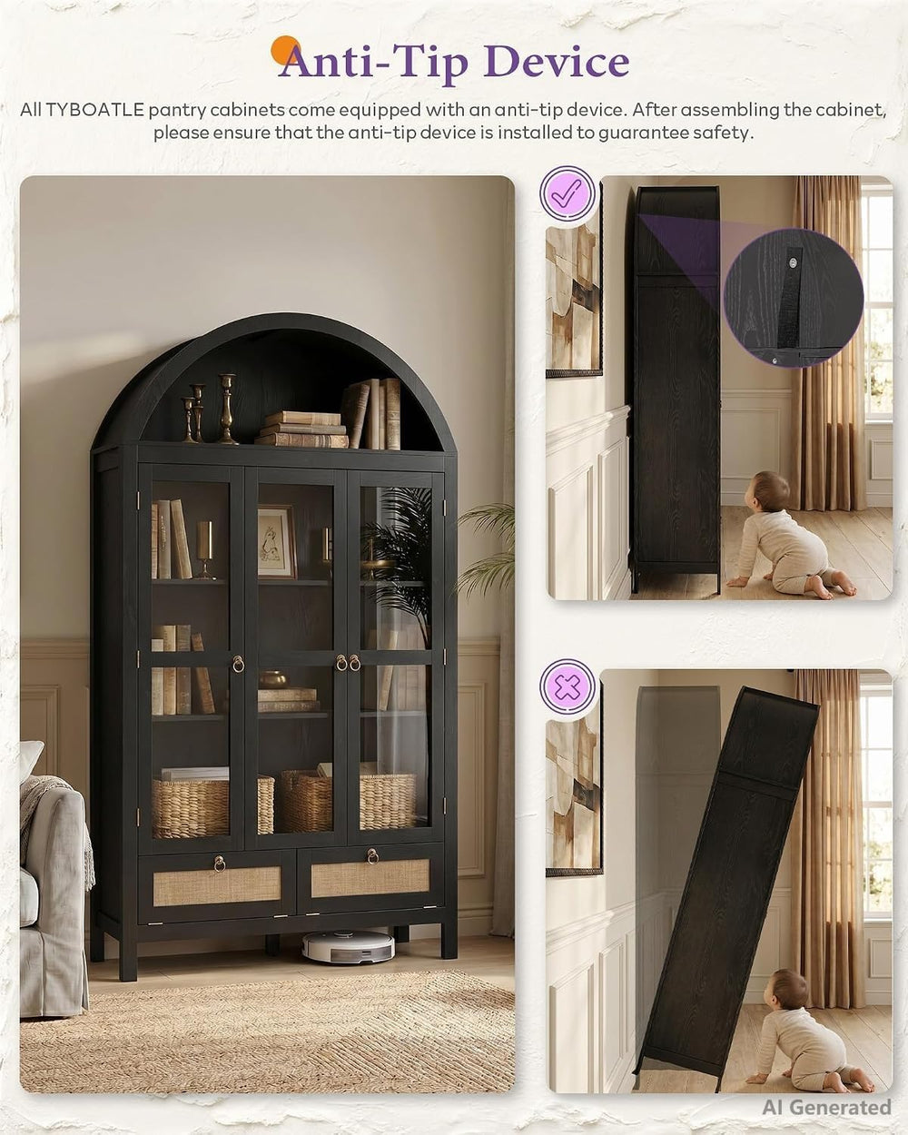 TYBOATLE 75'' Arched Cabinet with 3 Glass Doors, Pantry Cabinet for K...