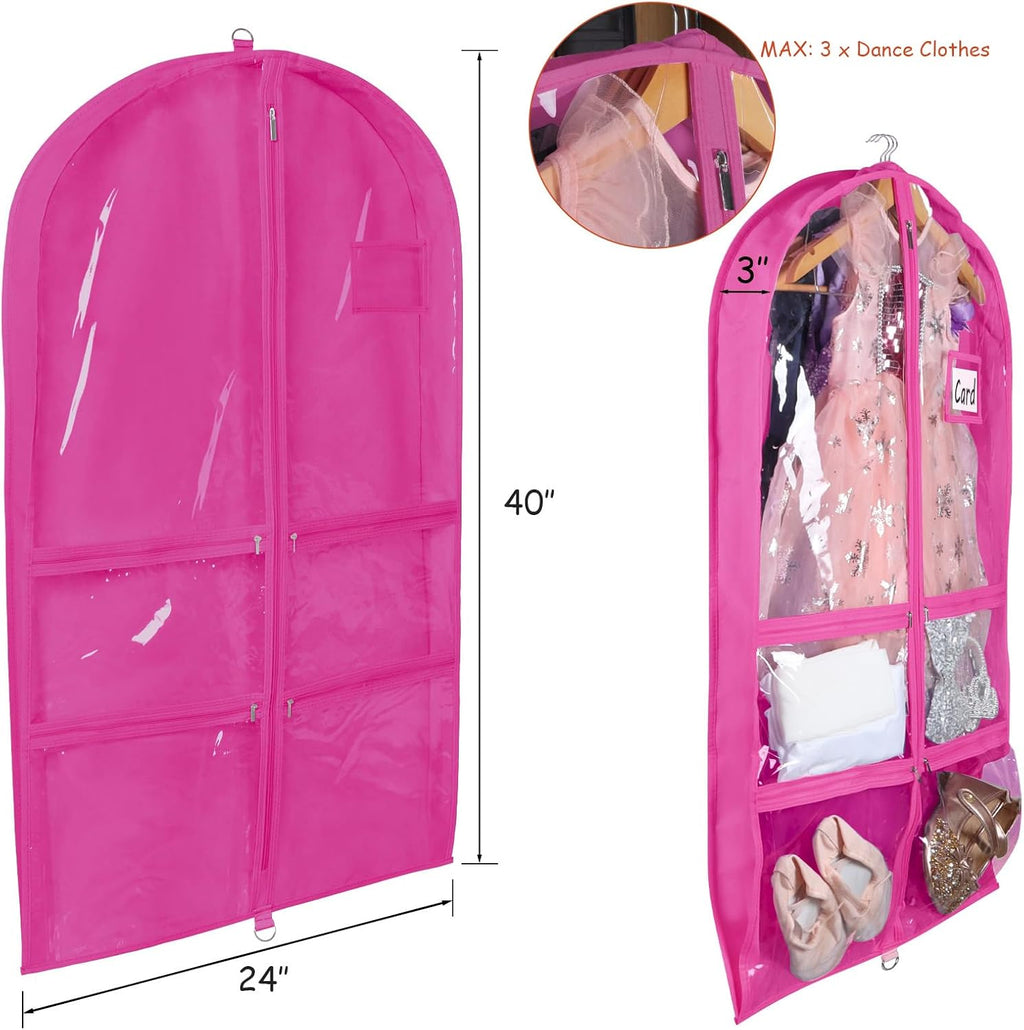 Syeeiex 40 Inch Clear Dance Costume Garment Bag, Rose Red, 5 Pack | Clear PVC Window, 4 Zipper Pockets and ID Card Holder, Foldable Hanging Dance Garment Bags with 3in Gusseted for Dancers