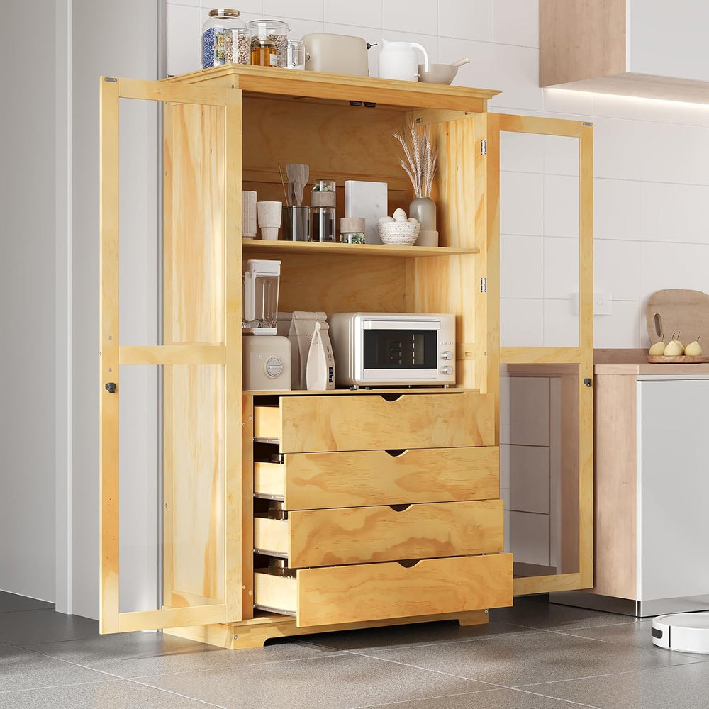 75" Tall Farmhouse Kitchen Pantry Cabinet with 2 Glass Doors & 4 Bui...