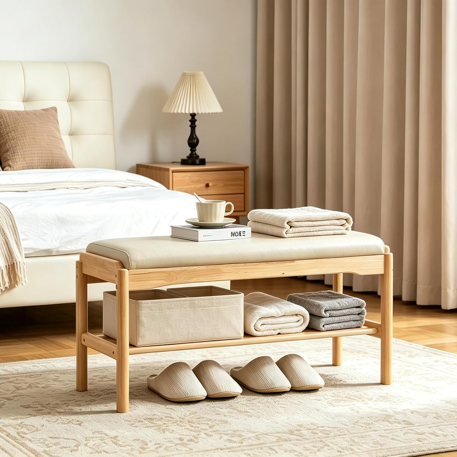 SOBIBO 2-Tier Entryway Shoe Rack Bench, Rubber Wood, Beige & Natural, 31.5" | 8–12 Pairs Capacity, Double-layer Storage, High-density Sponge Cushion, Ideal for Entryway, Hallway, Bedroom