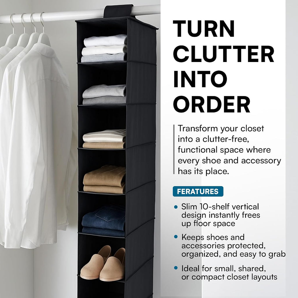Honey-Can-Do 10-Shelf Hanging Shoe Organizer, Black - Closet Storage Rack for Shoes, Accessories & Clothes, Space Saving