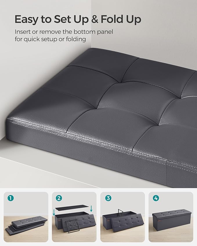 SONGMICS MAZIE Collection - 43 Inches Storage Ottoman Bench with Flipping Lid, Storage Chest with Iron Frame Support, Load 660 lb, for Living Room, Bedroom, Synthetic Leather, Dark Gray ULSF075G01