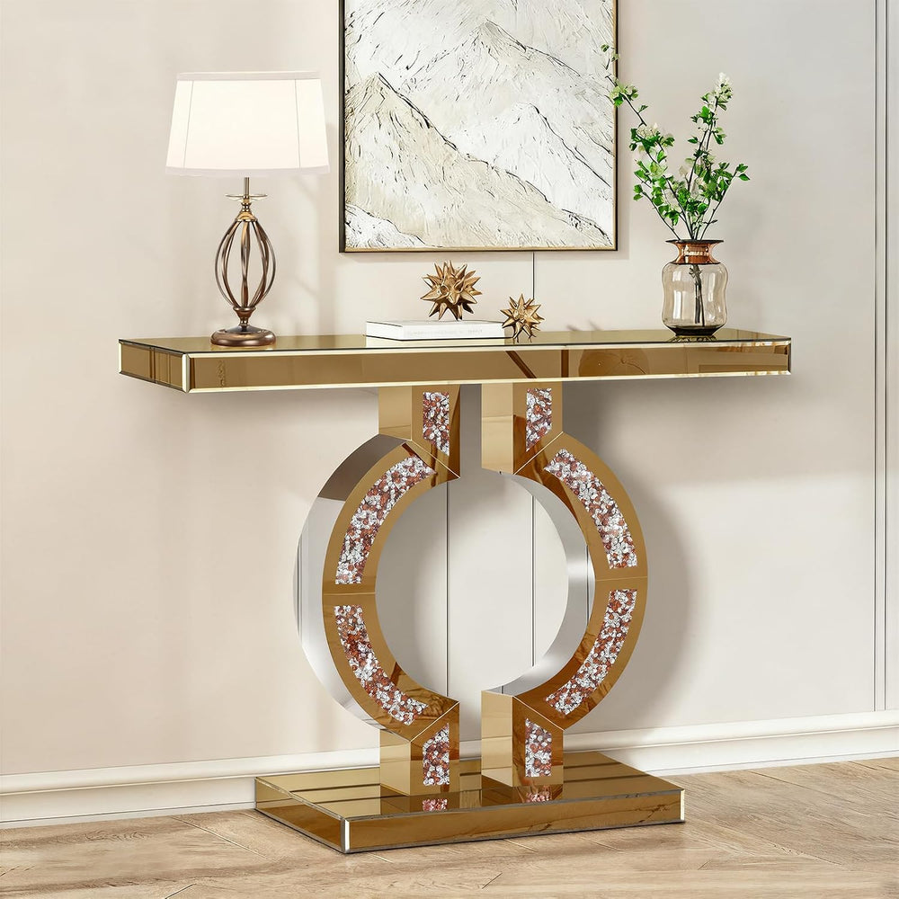 Tea-Colored Mirrored Console Table with Crushed Diamond Inlay, 39.4''...
