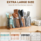 Nigelia 4 Compartments Extra Large Kitchen Utensil Holder with Wooden Base, Metal Organizer for Kitchen Countertop, Matte Black Cooking Utensils Holder with 4 Hooks for Tools Storage