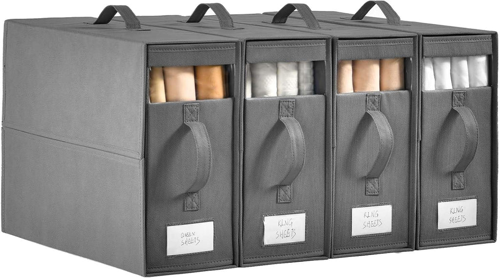 Bed Sheet Organizers,4 Pack Linen Closet Organizers and Storage, Foldable Bedding Organizer for Bedsheets, Duvet Covers and Pillow(Queen or King Size), Sheet Storage for Closet with Window