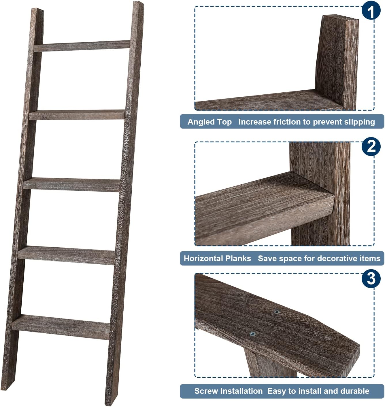 Natsukage Rustic Wooden Blanket Ladder - Farmhouse Decorative Ladder Shelf for Living Room, Bathroom, Bedroom (63" x 22", Rustic Walnut)