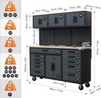 72in Rolling Tool Chest Cabinet Mobile Garage Workbench Heavy-Duty Tool Cabinet on Wheels with 11 Drawers, 2-Door Cabinet, 3 Top Cabinet, Pegboard & Power Strip for Tool Organization