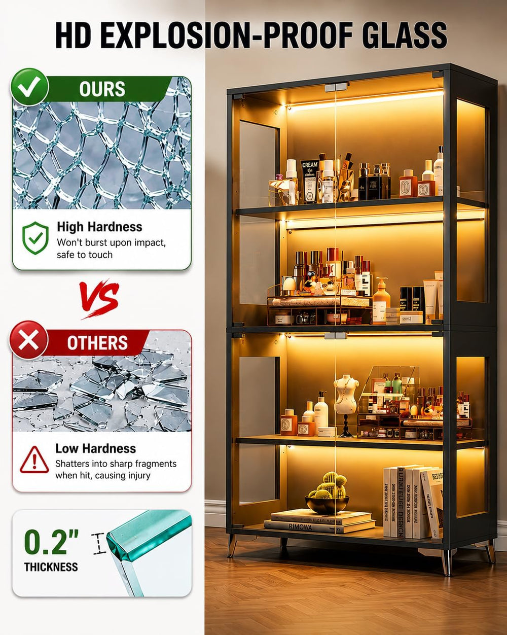 Glass Display Cabinet with Doors, 4-Tier Display Case with Adjustable Shelves...