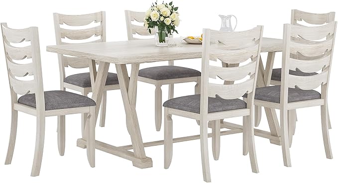7-Piece Solid Wood Dining Table Set with 6 Upholstered Chairs - Modern Design for Kitchen & Small Spaces, for Dining Room, Kitchen, Washed Gray