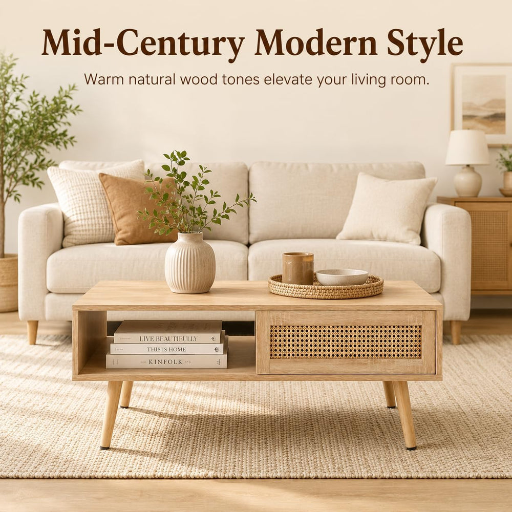 Rattan Coffee Table with Sliding Storage Door, 41.34'' Rectangular Wo...