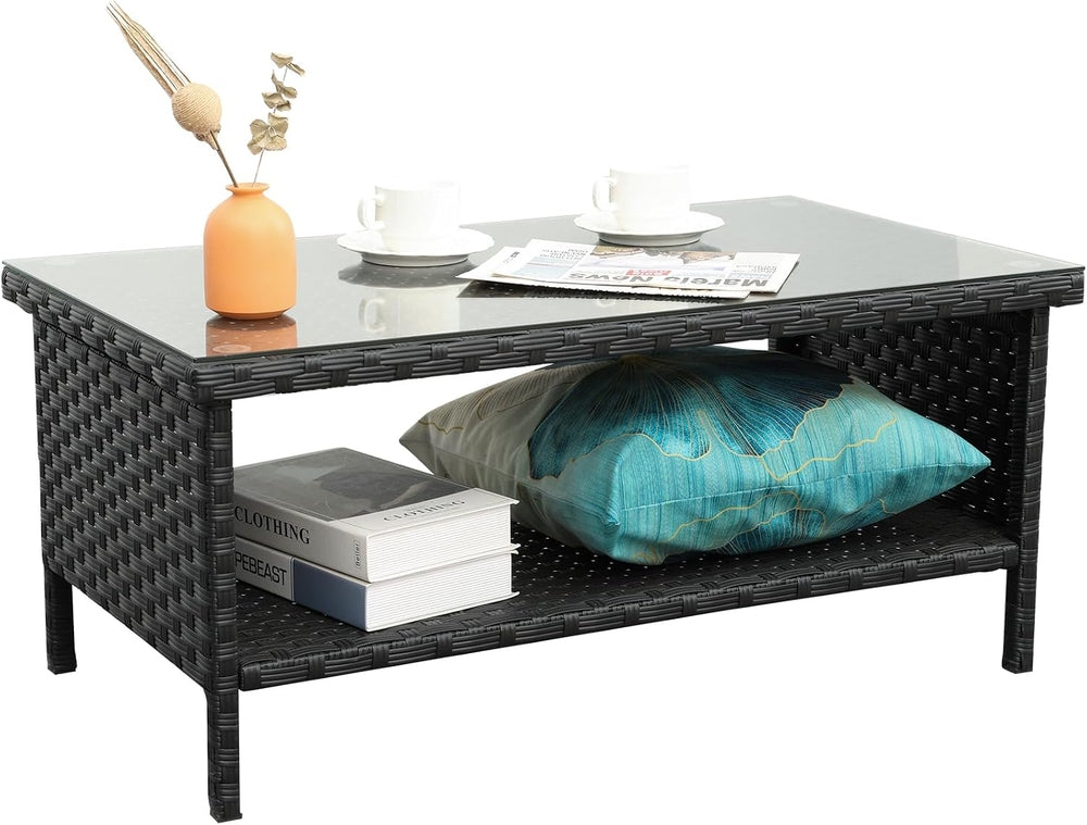Outdoor Wicker Coffee Table Patio Furniture Garden Rattan 2-Layer Glass Table...