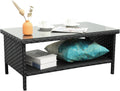 Outdoor Wicker Coffee Table Patio Furniture Garden Rattan 2-Layer Glass Table with Storage and Furniture Cover, Black