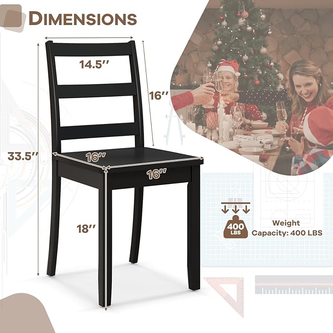NAFORT Wooden Dining Chairs Set of 6, Black Kitchen Chairs with Solid Rubber Wood Legs, Non-Slip Foot Pads, Max Load of 400 Lbs, Farmhouse Seat Ladder Back Dining Room Chairs