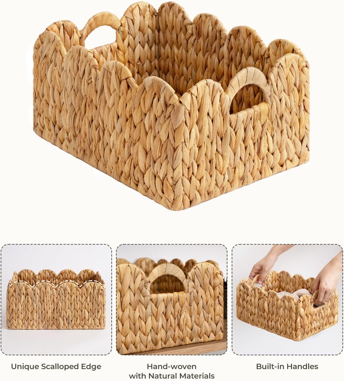 StorageWorks Scalloped Edge Wicker Basket, Hand-woven Rattan Baskets with Built-in Handles, Water Hyacinth Basket for Organizing and Decor, 2 Pack