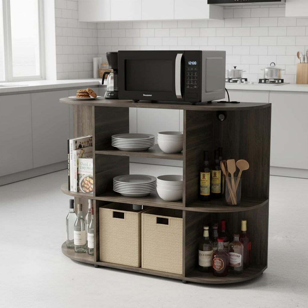 Manora 47" Coffee Bar Cabinet, Microwave Cabinet, Farmhouse Wood Kitchen Island Cart with Open Shelves&Power Outle, Buffet Sideboard for Dining Room, Coffee Station for Kitchen, Gray