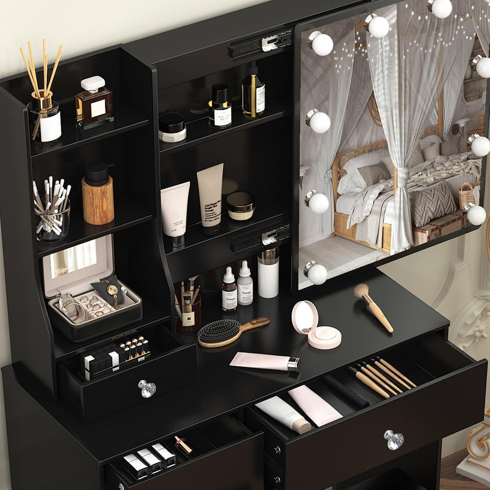 Umeiga Black Vanity Desk with Sliding Mirror and Lights, Small Makeup Vanity ...