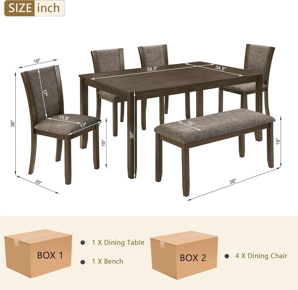 JIJIWANG 6-Piece Dining Table Set with Bench and Chairs, Wooden Dining Table ...