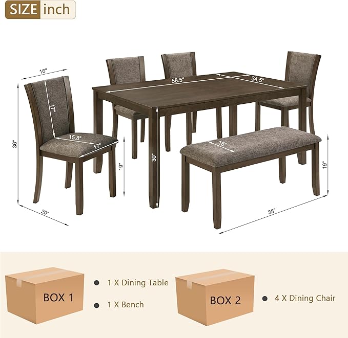 KEIKI 6-Piece Standard Height Dining Table Set with Rectangular Table, 4 Upholstered Chair, Bench, for 6 Person, Modern Style Wooden Table Set, Easy Assembly, for Kitchen, Dining Room, Dark Walnut