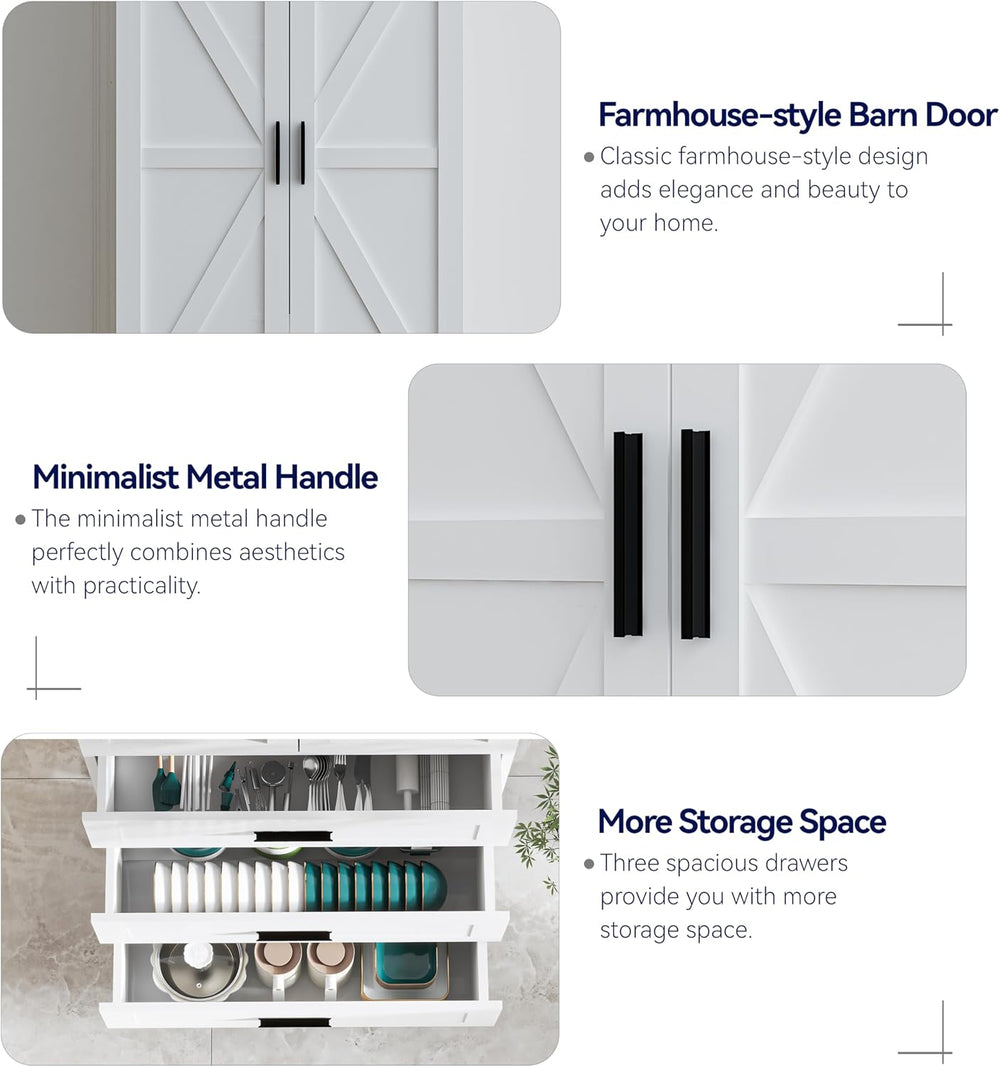 FJTJBSI 72" LED Kitchen Pantry Cabinet with 3 Drawers Farmhouse Tall Sto...
