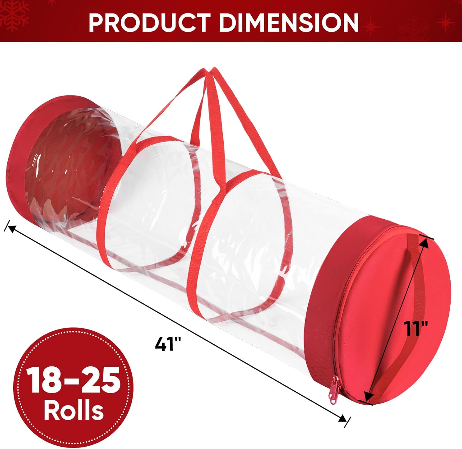 BALEINE Christmas Wrapping Paper Organizer Storage, 41" Gift Wrapping Paper Storage Containers, Clear PVC with Durable 600D Oxford Fabric Gift Wrap Paper Holder Fits 18-25 Rolls, Red