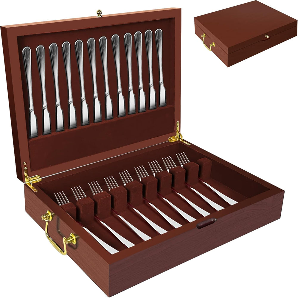 Silverware Storage Box Solid Wood with Lid, Silverware Organizer with Handle ...
