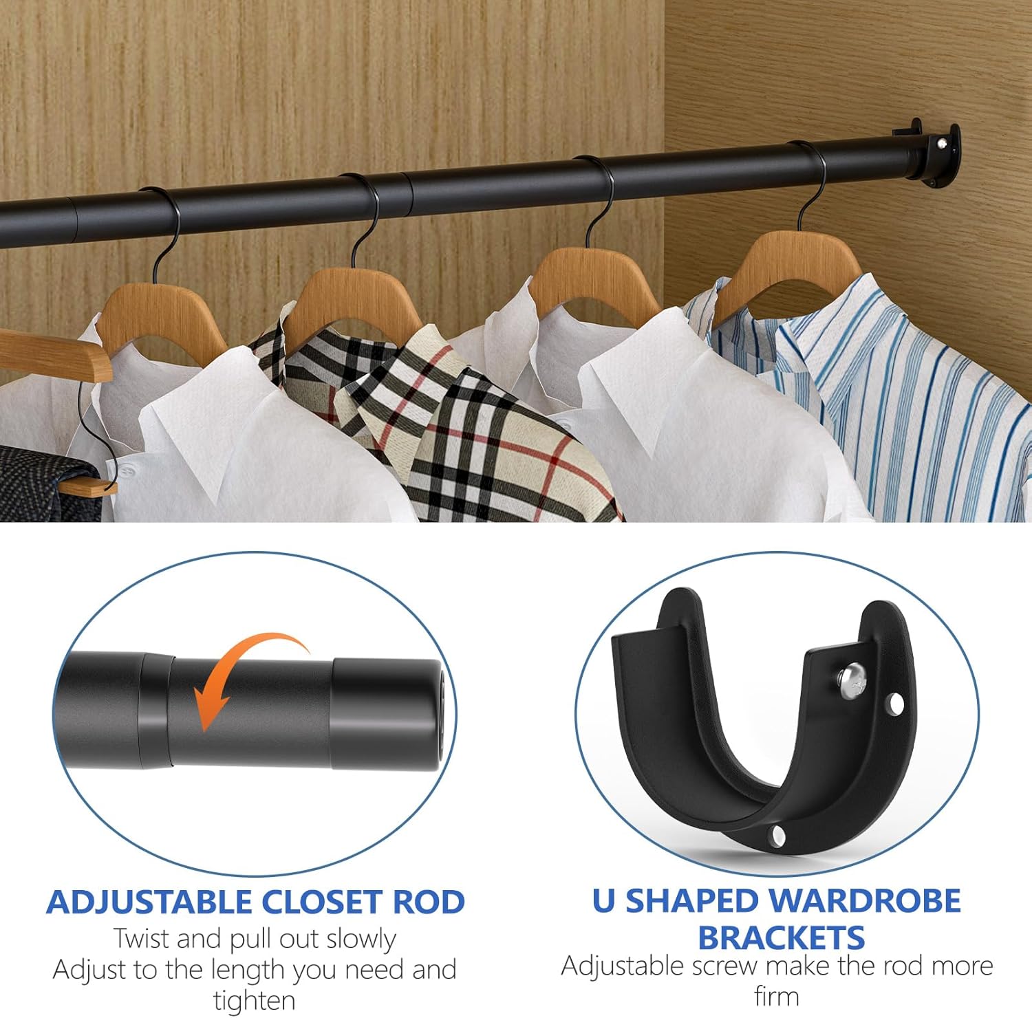 Closet Rods for Hanging Clothes, 17 to 83 Inch Closet Rod, Heavy Duty Adjustable Clothes Hanging Bar Rod Matte Black Closet Poles for Wardrobes, Closet, Bathroom, Windows,1.3 Inch Diameter