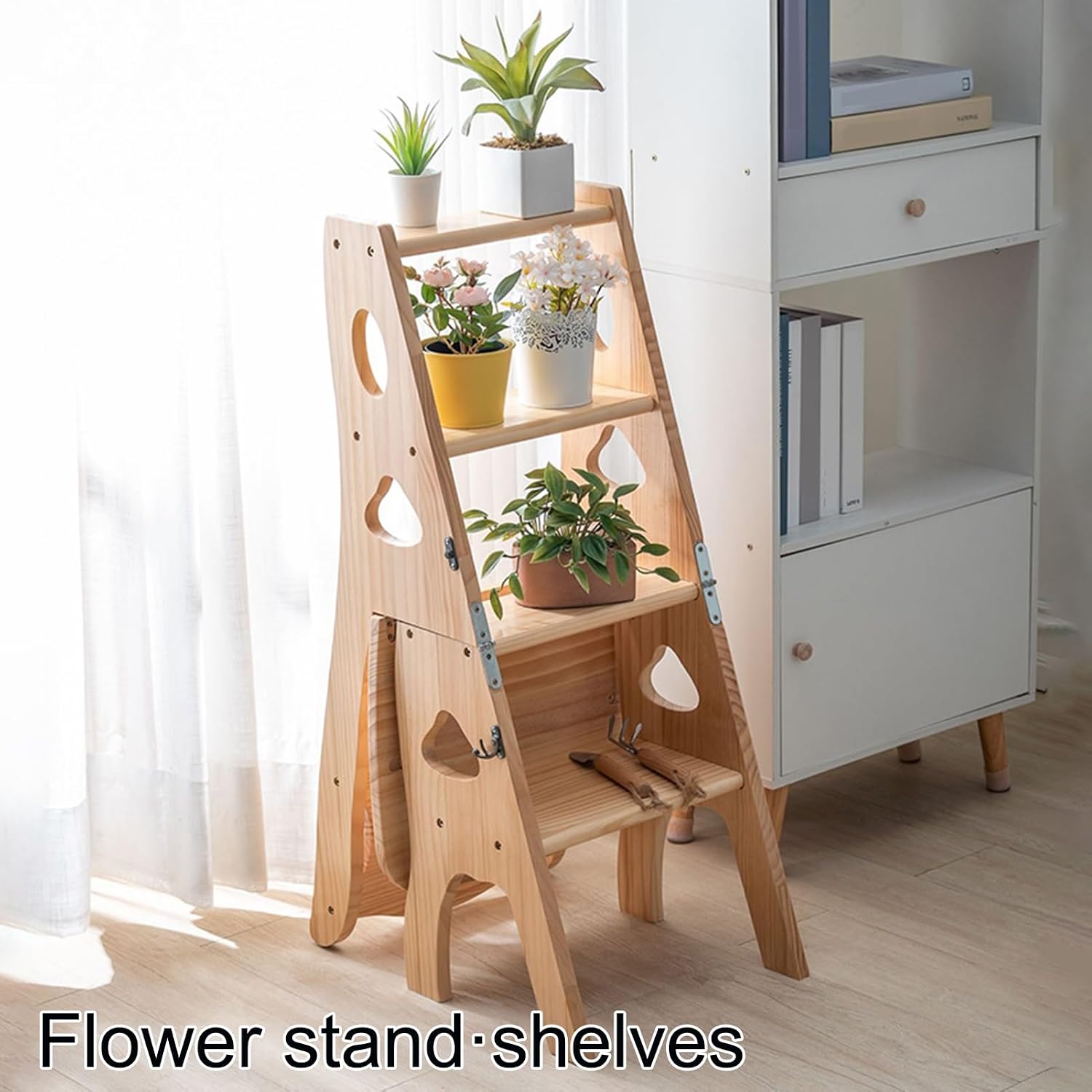 Foldable Wooden Library Ladder Chair with Storage Shelf 3 in 1 Multifunctional Display Ladder White 331lbs Capacity
