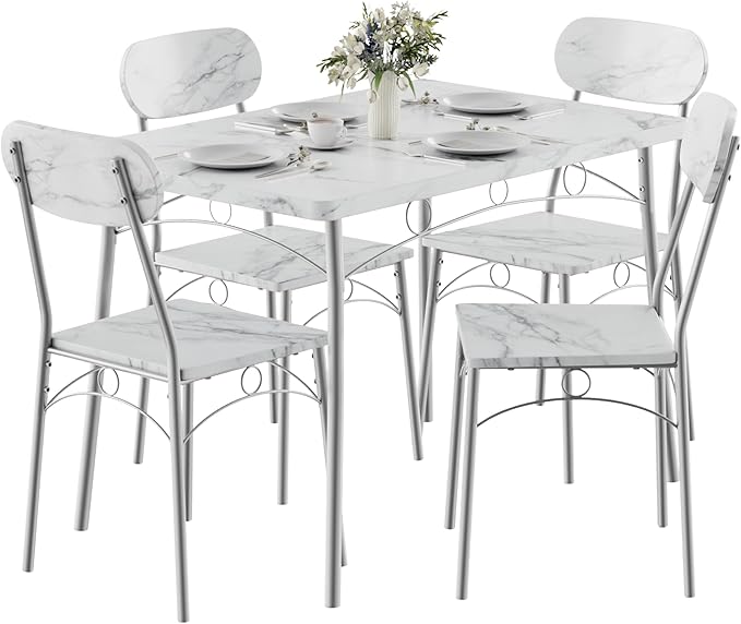 VECELO Dining Table Set for 4, 5-Piece Kitchen Table with 4 Chairs, MDF Board Tabletop with Metal Frame for Small Space, Compact Dinette, Breakfast Nook, Marble White
