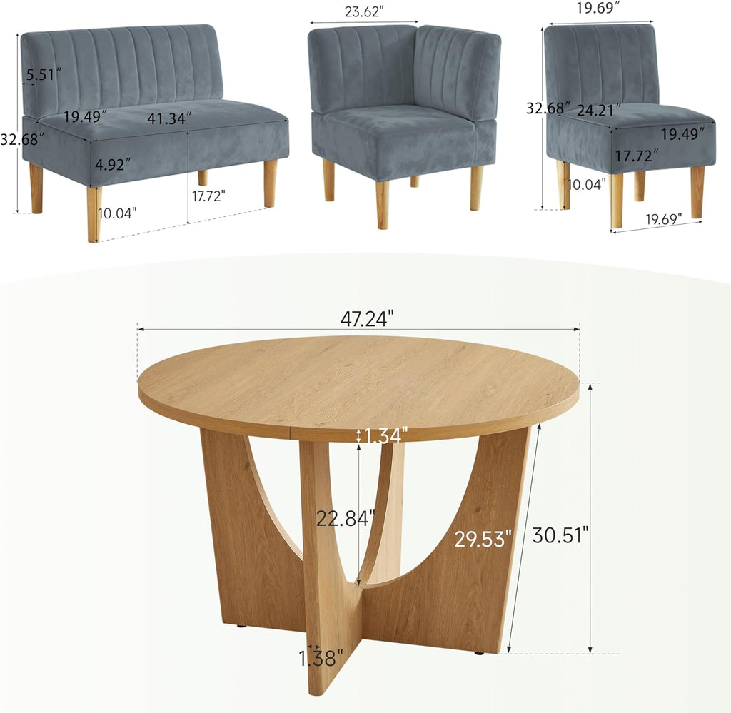 Round Dining Table Set with Loveseat & Chairs, 47 Inch Farmhouse 5-Piece Round Table Setting for 4 to 6, Wood Circle Table and Chairs Set for Kitchen,Breakfast Nook, Indoor Conversational Seating