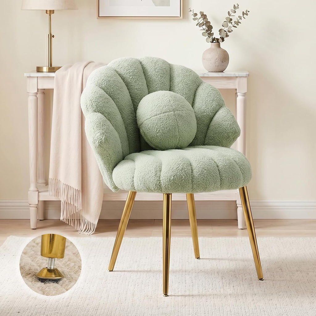 VINGLI Shell-Shaped Teddy Fleece Accent Vanity Chair with Back,Comfy Green and Gold Desk Chair No Wheels,Cute Small Pearl Deco Pillow,Gift for Girls/Women,for Makeup,Office,Dining,Nail,Sewing,Bedroom