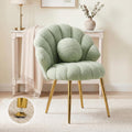 VINGLI Shell-Shaped Teddy Fleece Accent Vanity Chair with Back,Comfy Green and Gold Desk Chair No Wheels,Cute Small Pearl Deco Pillow,Gift for Girls/Women,for Makeup,Office,Dining,Nail,Sewing,Bedroom