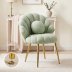 VINGLI Shell-Shaped Teddy Fleece Accent Vanity Chair with Back,Comfy Green and Gold Desk Chair No Wheels,Cute Small Pearl Deco Pillow,Gift for Girls/Women,for Makeup,Office,Dining,Nail,Sewing,Bedroom